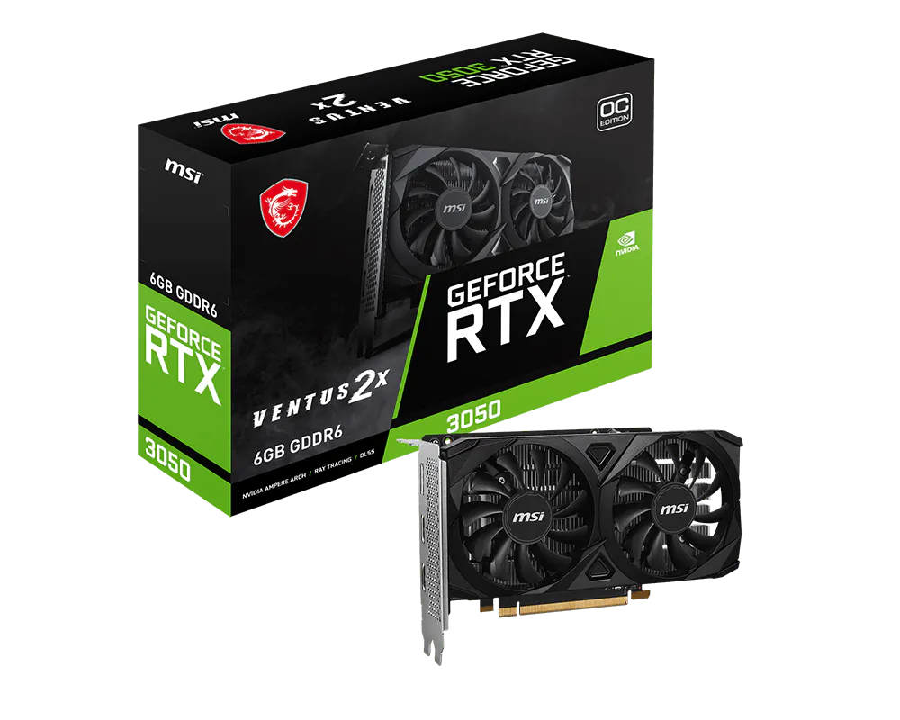 Видеокарта MSI PCI-E 4.0 RTX 3050 VENTUS 2X E 6G OC NVIDIA GeForce RTX 3050 6Gb 96bit GDDR6 1492/140
