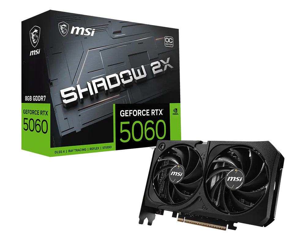 Видеокарта MSI PCI-E 5.0 RTX 5060 8G SHADOW 2X OC MAX NVIDIA GeForce RTX 5060 8Gb 128bit GDDR7 2527/28000 HDMIx1 DPx3 HDCP Ret