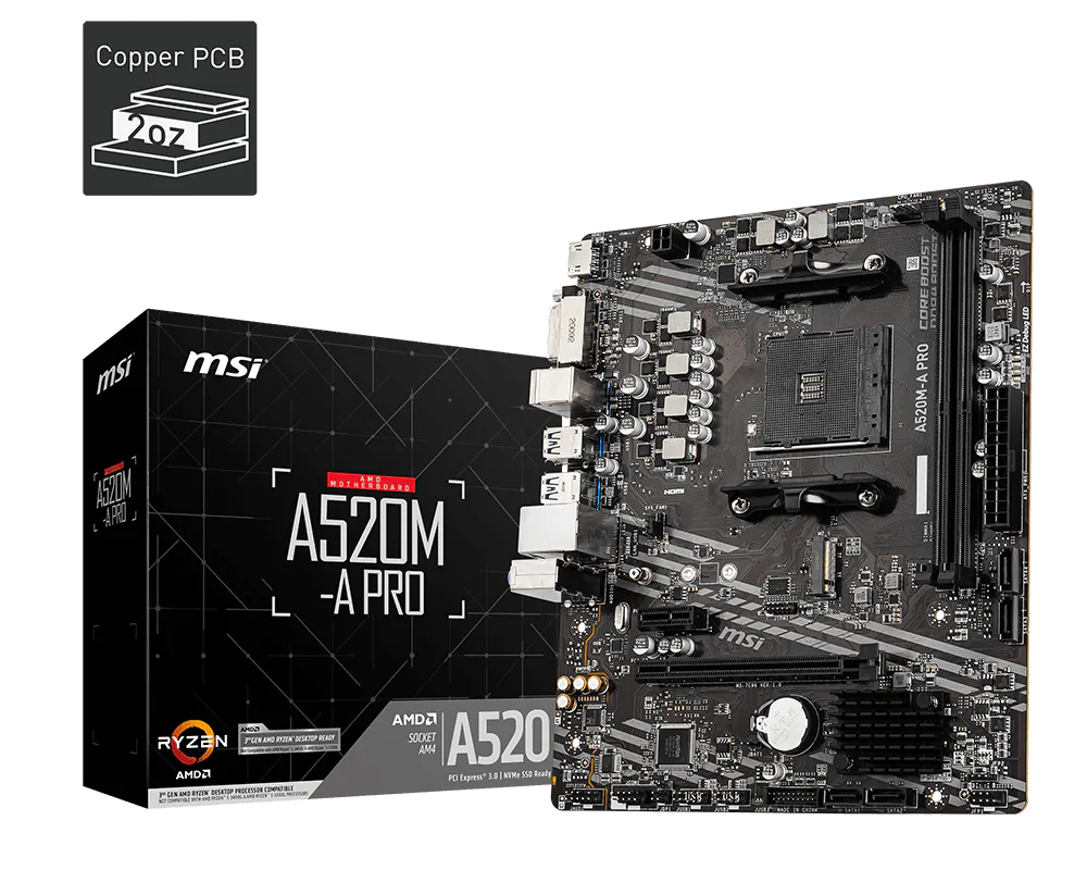 Материнская плата MSI A520M-A PRO Soc-AM4 AMD A520 2xDDR4 mATX AC`97 8ch(7.1) GbLAN RAID+DVI+HDMI