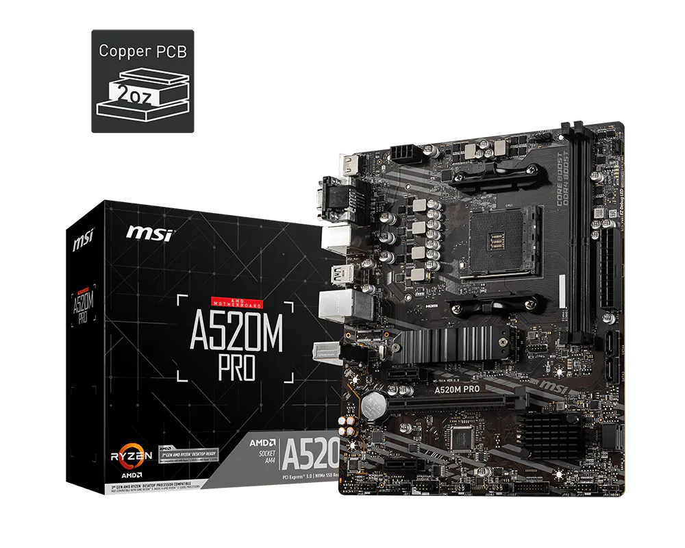 Материнская плата MSI A520M PRO Soc-AM4 AMD A520 2xDDR4 mATX AC`97 8ch(7.1) GbLAN RAID+VGA+HDMI+DP