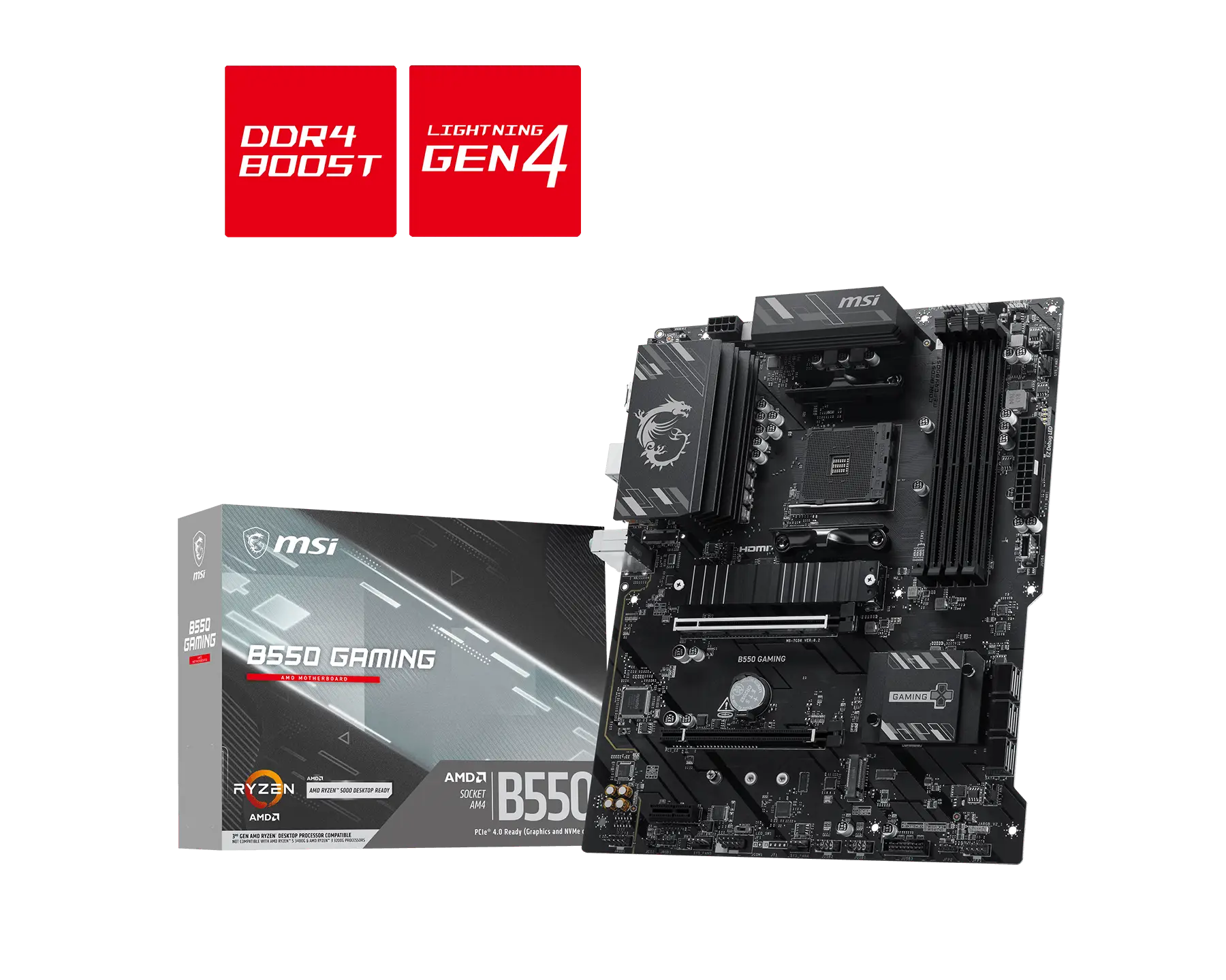 Материнская плата MSI B550 GAMING, AM4, AMD B550, 4xDDR4, 6xSATA, 2xM.2, 2xPCIe x16, 1xPCIe x1, 1xHDMI, 1xDisplayPort, 1x 1Gb LAN, 1xUSB 10Gbps Type-C, 1xUSB 10Gbps Type-A, 2xUSB 5Gbps Type-A, 4xUSB 2.0, 3x3.5 мм, 7.1, ATX