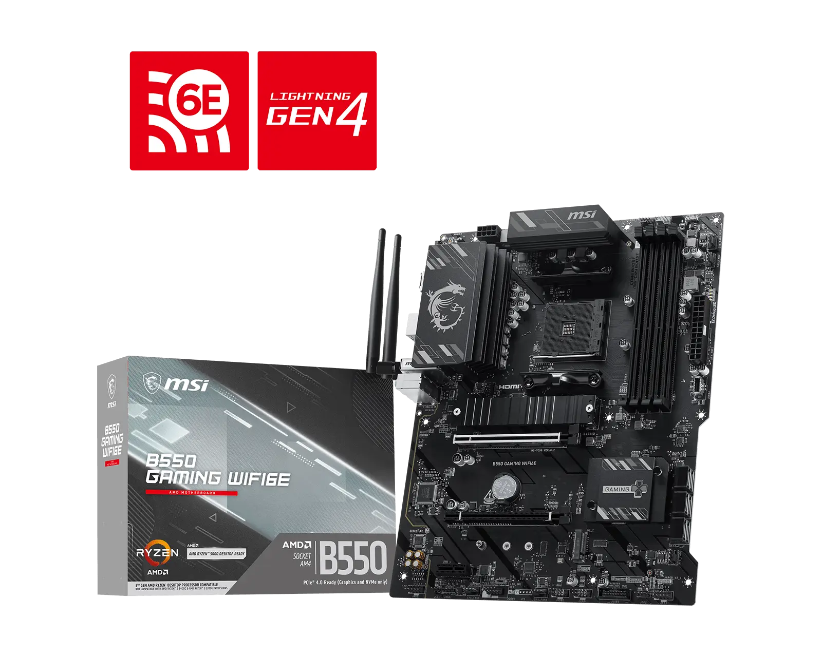Материнская плата MSI B550 GAMING WIFI6E, AM4, AMD B550, 4xDDR4, 6xSATA, 2xM.2, 1xPCIe 4.0 x16, 1xPCIe 3.0 x4, 1xPCIe 3.0 x1, 1xHDMI, 1xDisplayPort, 1x 1Gb LAN, 4xUSB 2.0, 2xUSB 3.2 Gen1, 1xUSB 3.2 Gen2 Type-A, 1xUSB 3.2 Gen2 Type-C, 3x3.5 мм, 7.1, ATX