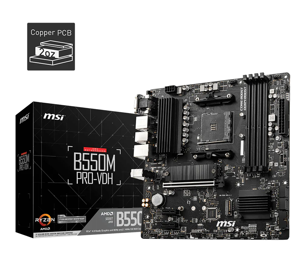 Материнская плата MSI B550M PRO-VDH Soc-AM4 AMD B550 4xDDR4 mATX AC`97 8ch(7.1) GbLAN RAID+VGA+HDMI+