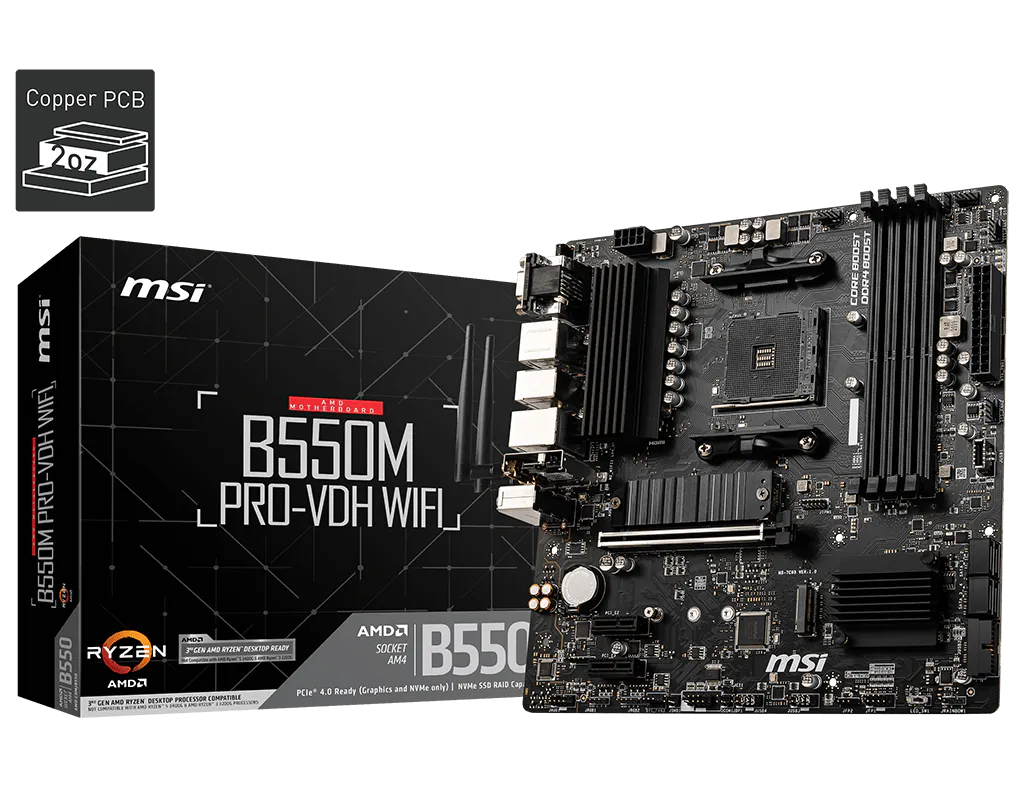 Материнская плата MSI B550M PRO-VDH WIFI, AM4, AMD B550, 4xDDR4, 4xSATA, 2xM.2, 1xPCIe 4.0 x16, DisplayPort, HDMI, D-Sub, 1x1Gb LAN, 3x3.5 мм, 7.1, microATX