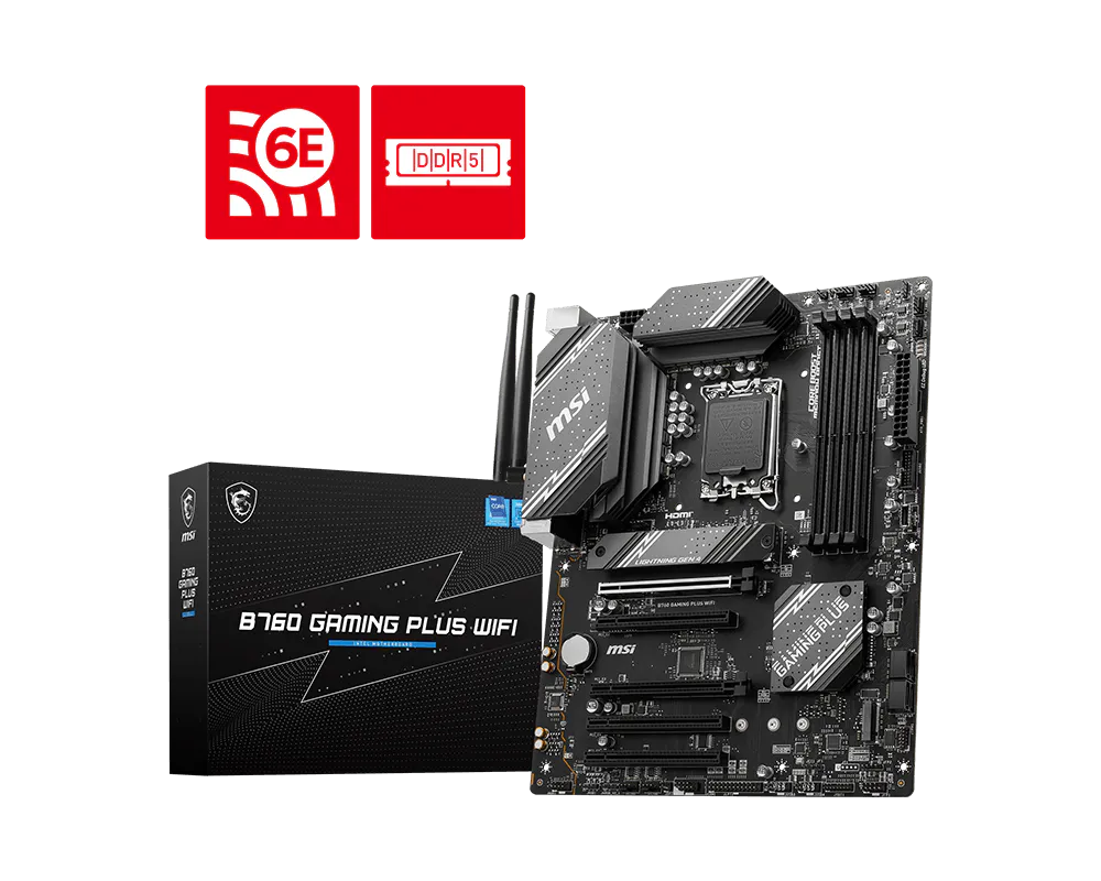 Материнская плата MSI B760 GAMING PLUS WIFI, LGA1700, Intel B760, 4xDDR5, 4xSATA, 2xM.2, 2xPCIe x16, DisplayPort, HDMI, 1x2.5Gb LAN, USB Type-C, 5x3.5 мм, 7.1, ATX
