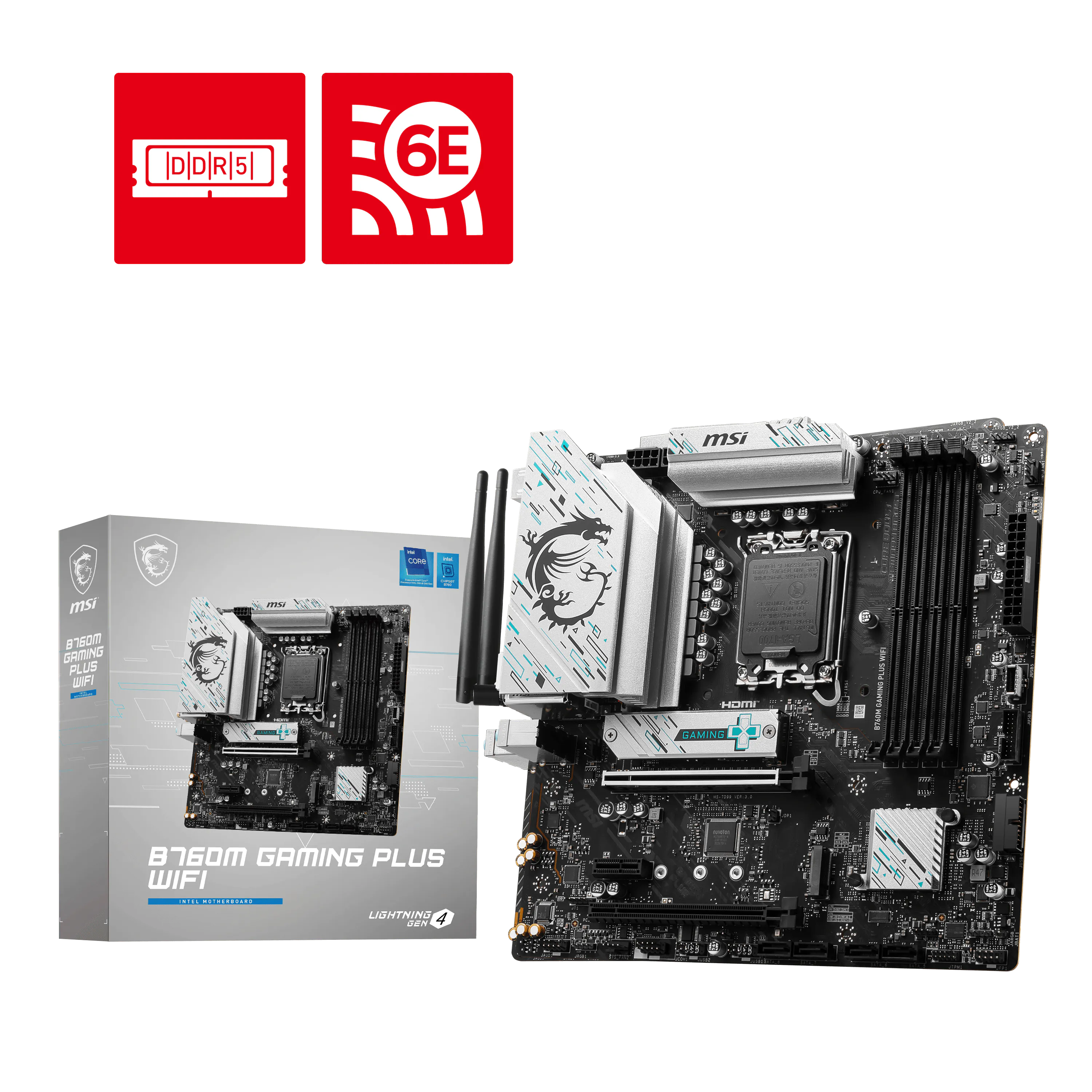 Материнская плата MSI B760M GAMING PLUS WIFI, LGA1700, Intel B760, 4xDDR5, 4xSATA, 2xM.2, 1xPCIe 4.0 x16, DisplayPort, HDMI, 1x2.5Gb LAN, 3x3.5 мм, 7.1, microATX
