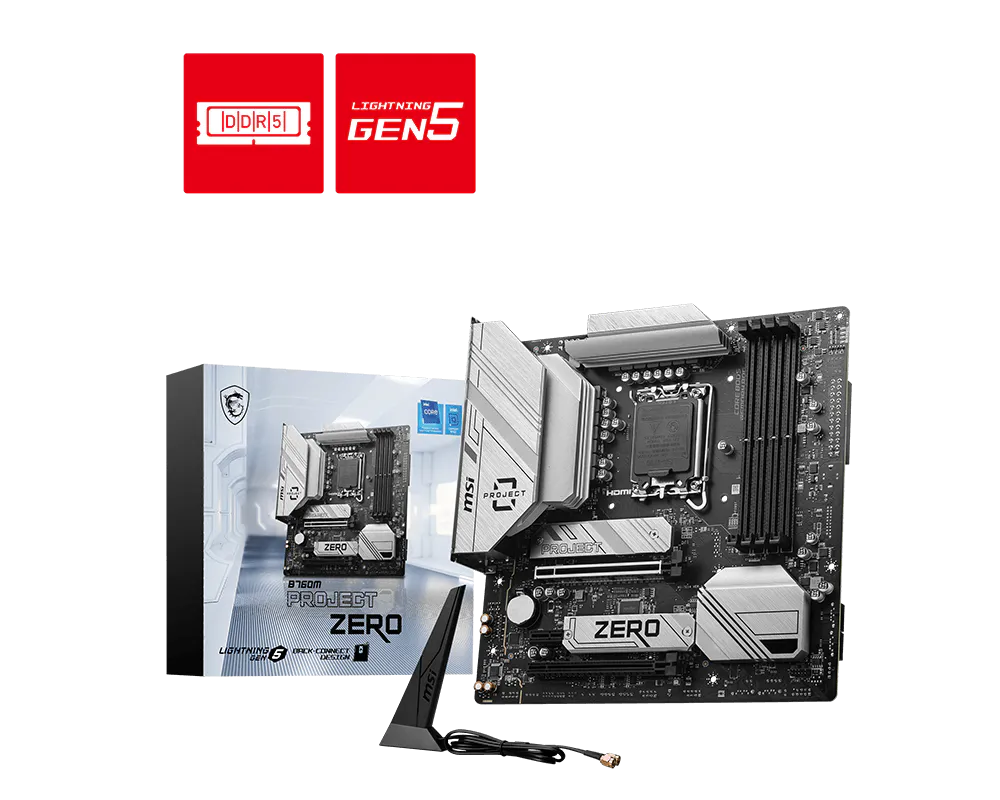 Материнская плата MSI B760M PROJECT ZERO, LGA1700, Intel B760, 4xDDR5, 4xSATA, 2xM.2, 1xPCIe 5.0 x16, DisplayPort, HDMI, 1x2.5Gb LAN, USB Type-C, 5x3.5 мм, 7.1, microATX