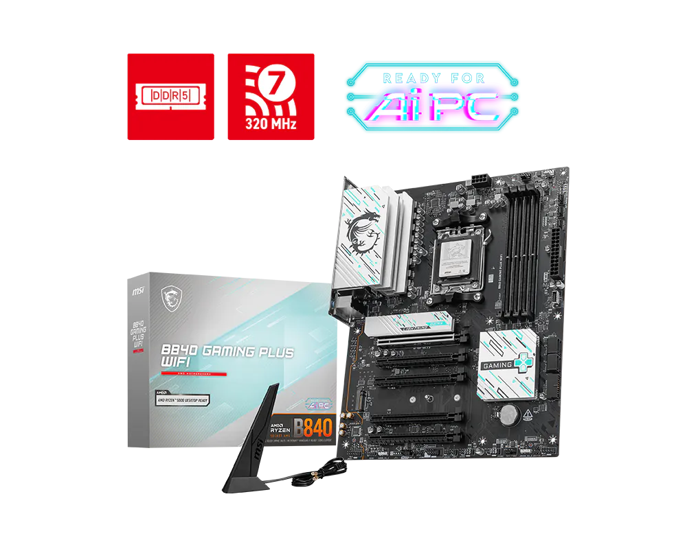 Материнская плата MSI B840 GAMING PLUS WIFI SocketAM5 AMD B840 4xDDR5 ATX AC`97 8ch(7.1) 2.5Gg RAID
