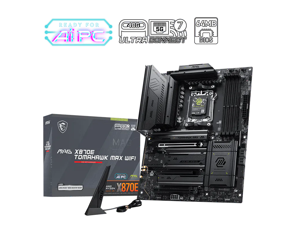 Материнская плата MSI MAG X870E TOMAHAWK MAX WIFI, AM5, AMD X870E, 4xDDR5 (до 256 ГБ), 4xSATA, 4xM.2 (2xPCIe 5.0, 2xPCIe 4.0), 1xPCIe 5.0 x16, 1xPCIe 4.0 x16, 1xPCIe 3.0 x16, 1xHDMI, 1x5Gb LAN, Wi-Fi 7, Bluetooth 5.4, 2xUSB-C 40Gbps (USB4), 1xUSB-C 10Gbps