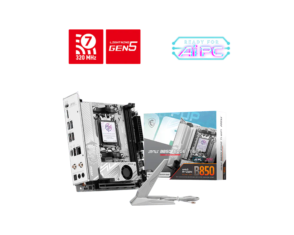 Материнская плата MSI MPG B850I EDGE TI WIFI, AM5, AMD B850, 2xDDR5, 2xSATA, 2xM.2, 1xPCIe 5.0 x16, HDMI, 1x5Gb LAN, USB Type-C, Wi-Fi 7, Bluetooth, 2x3.5 мм, 7.1, Mini-ITX