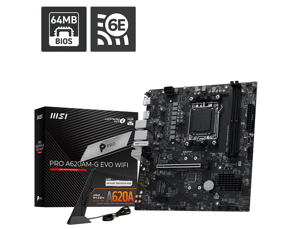 Материнская плата MSI PRO A620AM-G EVO WIFI Socket AM5 AMD A620A 2xDDR5 mATX AC`97 8ch(7.1) 2.5Gg RAID+VGA+HDMI+DP