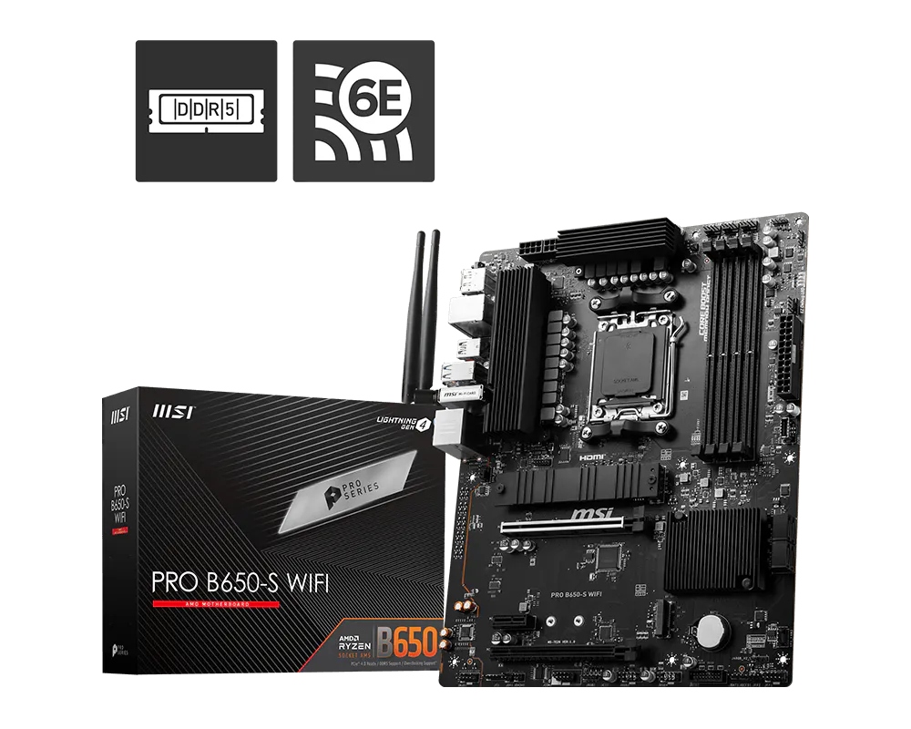 Материнская плата MSI PRO B650-S WIFI SocketAM5 AMD B650 4xDDR5 ATX AC`97 8ch(7.1) 2.5Gg RAID+HDMI+D