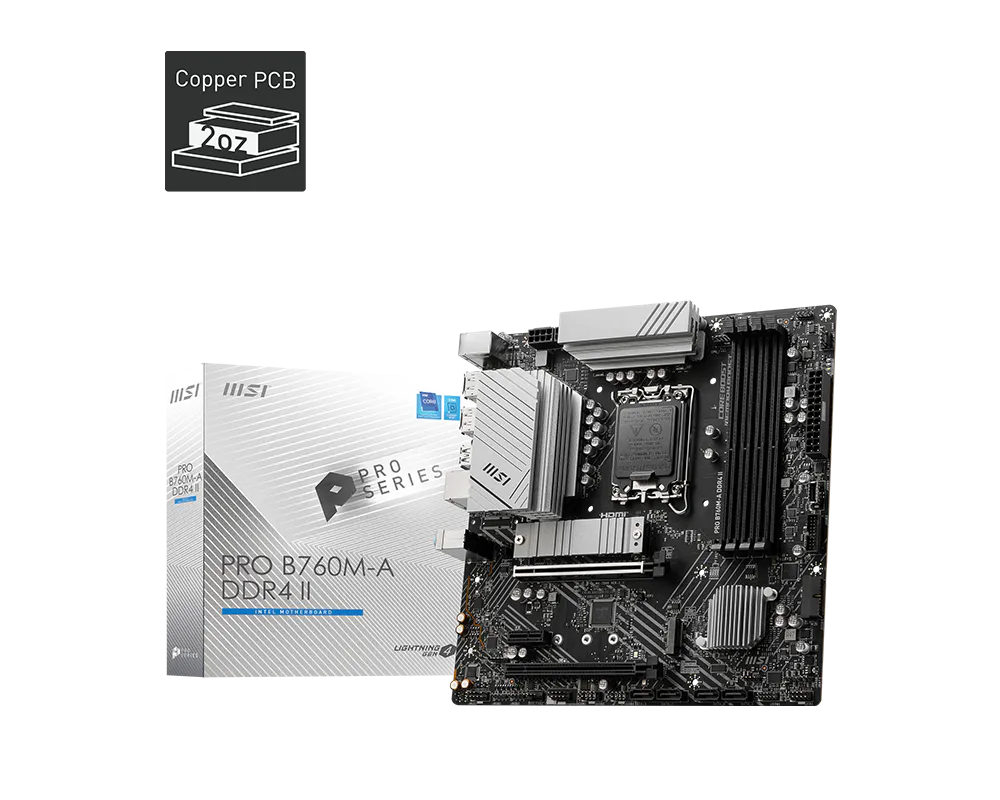 Материнская плата MSI PRO B760M-A DDR4 II Soc-1700 Intel B760 4xDDR4 mATX AC`97 8ch(7.1) 2.5Gg+HDMI+DP