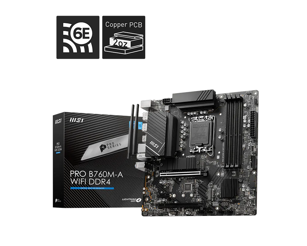 Материнская плата MSI PRO B760M-A WIFI DDR4, LGA1700, Intel B760, 4xDDR4, 4xSATA, 2xM.2, 2xPCIe x16, 1xPCIe x1, DisplayPort, HDMI, 1x2.5Gb LAN, 3x3.5 мм, 7.1, microATX