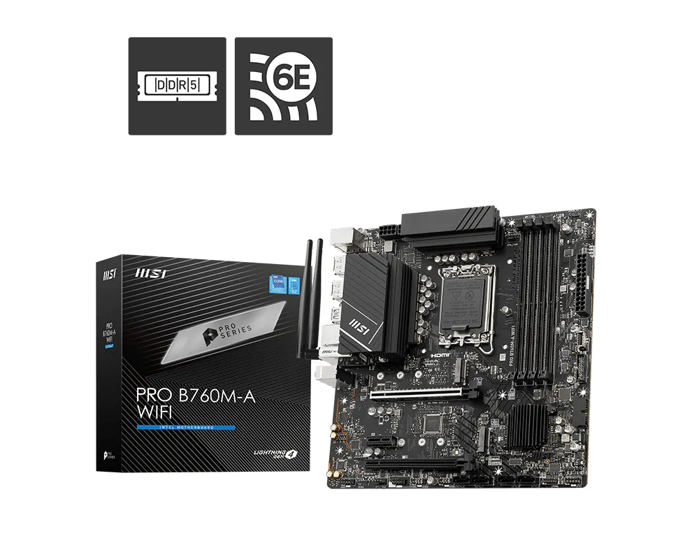 Материнская плата MSI PRO B760M-A WIFI Soc-1700 Intel B760 4xDDR5 mATX AC`97 8ch(7.1) 2.5Gg+HDMI+DP