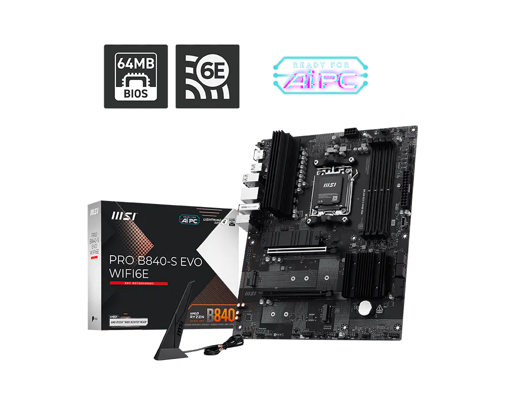 Материнская плата MSI PRO B840-S EVO WIFI6E Socket AM5 AMD B840 4xDDR5 ATX AC`97 8ch(7.1) 2.5Gg RAID+HDMI