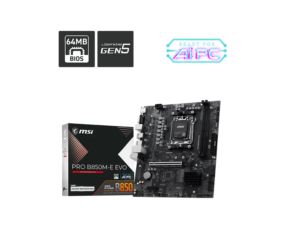 Материнская плата MSI PRO B850M-E EVO B850, AM5, 2*DDR5, 1*PCIEx16, 1*PCIEx1, 1*M.2, 6*USB3.2Gen1, 6*USB2.0, 4*SATA3.0, 2.5G, VGA, HDMI, M-ATX, RTL
