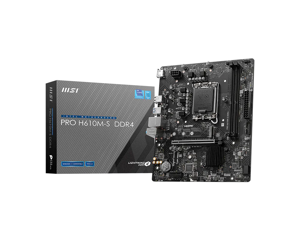 Материнская плата MSI PRO H610M-S DDR4, LGA1700, Intel H610, 2xDDR4, 2xSATA, 1xM.2, 1xPCIe 4.0 x16, HDMI, 1x1Gb LAN, 3x3.5 мм, 7.1, microATX