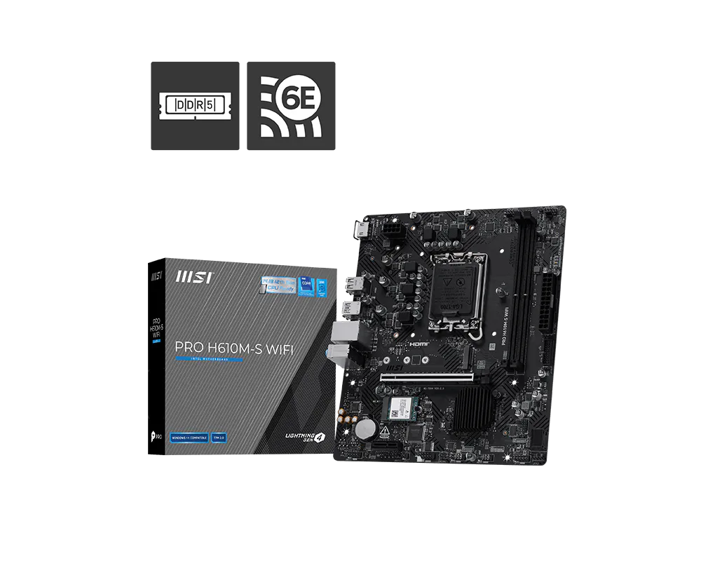 Материнская плата MSI PRO H610M-S WIFI H610, LGA1700, 2*DDR5, 1*PCIEx16, 1*PCIEx1, 1*M.2, 4*USB3.2Gen1, 8*USB2.0, 2*SATA3.0, 1G, HDMI, M-ATX, RTL