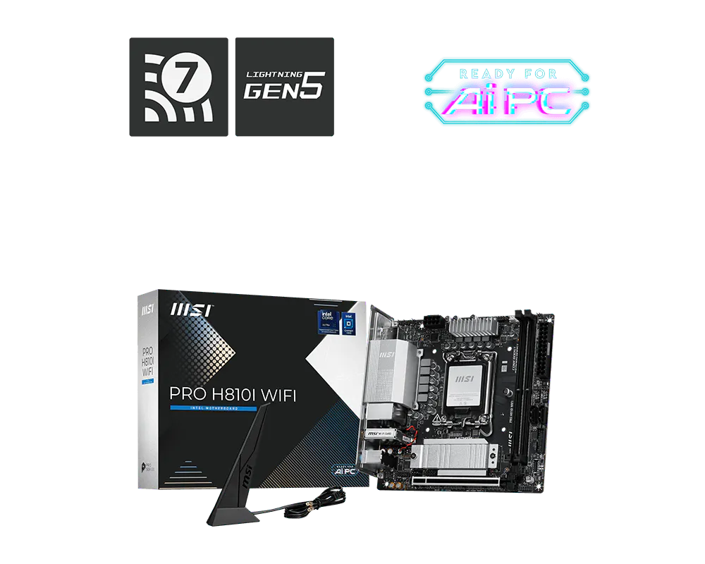 Материнская плата MSI PRO H810I WIFI, LGA1851, Intel H810, 2xDDR5, 2xSATA, 1xM.2, 1xPCIe 5.0 x16, DisplayPort, HDMI, 1x2.5Gb LAN, USB Type-C, 3x3.5 мм, 7.1, mini-ITX