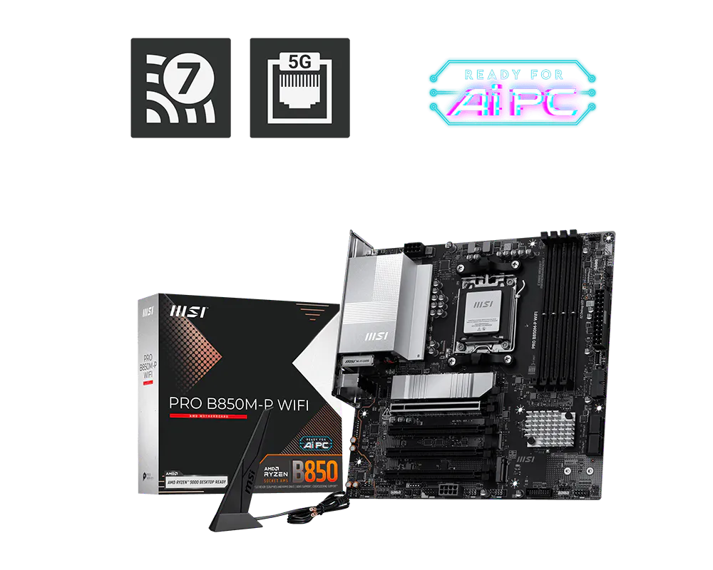 Материнская плата MSI PRO B850M-P WIFI, AM5, AMD B850, 4xDDR5, 4xSATA, 3xM.2, 1xPCIe 5.0 x16, DisplayPort, HDMI, 1x5Gb LAN, USB Type-C, 3x3.5 мм, 7.1, microATX