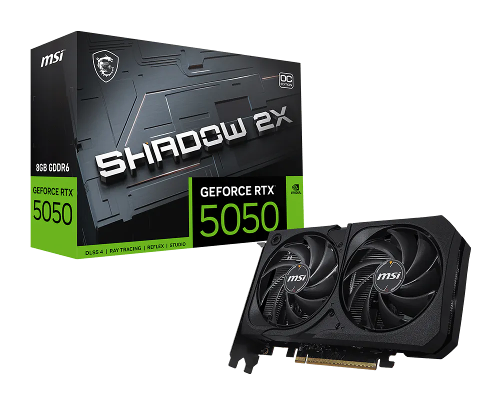 Видеокарта MSI GeForce RTX 5050 8G SHADOW 2X OC, NVIDIA RTX 5050, 8 ГБ GDDR6, 128 бит, PCI-e 5.0, 1xHDMI, 3xDP, 2617 МГц