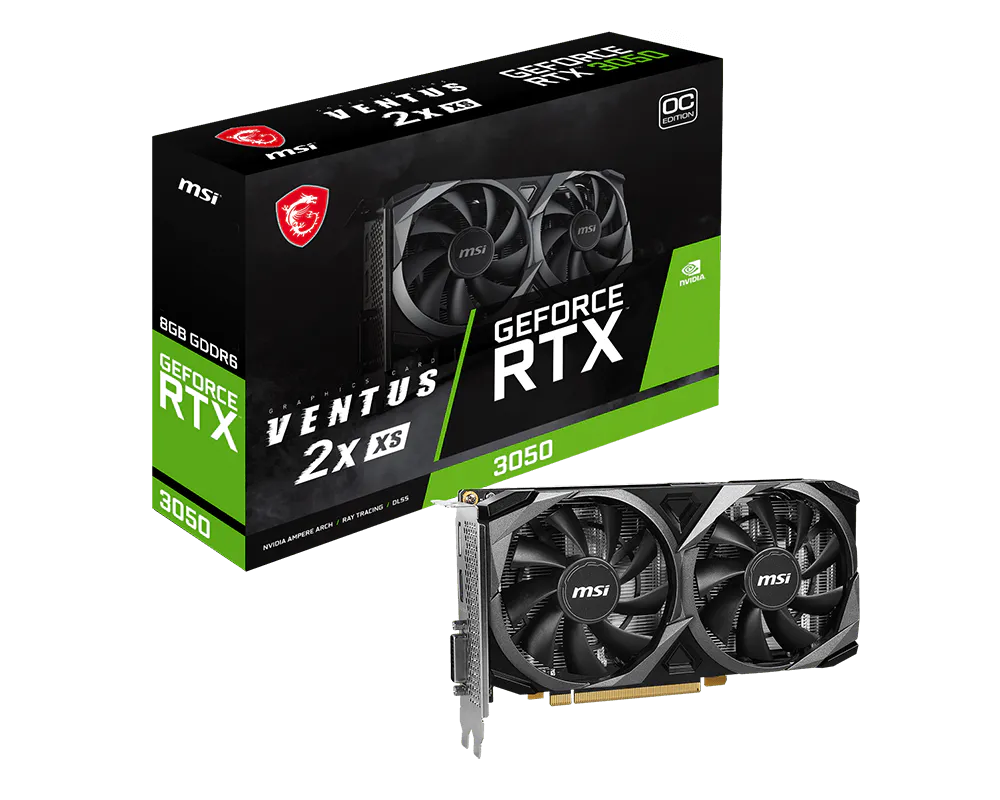 Видеокарта MSI GEFORCE RTX 3050 VENTUS 2X XS 8G OC GDDR6/128-bit, PCIe 4.0, 1xDVI-D, 1xHDMI 2.1, 1xDP, 2.3-slot