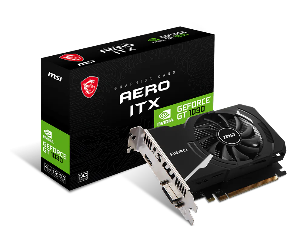 Видеокарта/ VGA MSI NVIDIA GeForce GT 1030 AERO ITX 4GD4 OC 4GB, DDR4/64-bit, PCIe 3.0, 1xHDMI 2.0, 1xDVI-D, 2-slot