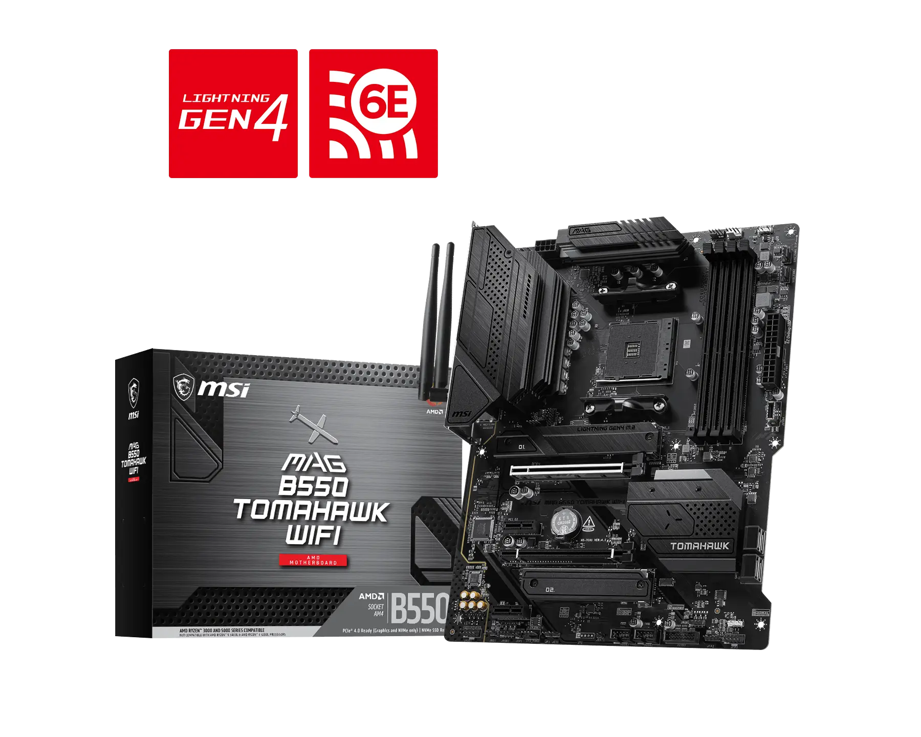 Материнская плата MSI MAG B550 TOMAHAWK WIFI, AM4, AMD B550, 4xDDR4, 6xSATA 6Gb/s, 2xM.2, 2xPCIe x16, 2xPCIe x1, 1xHDMI, 1xDisplayPort, 1x2.5GbE LAN, 2xUSB 2.0, 2xUSB 3.2 Gen 1, 2xUSB 3.2 Gen 2, 1xUSB 3.2 Gen 2 Type-C, 5x3.5 мм, 7.1, ATX