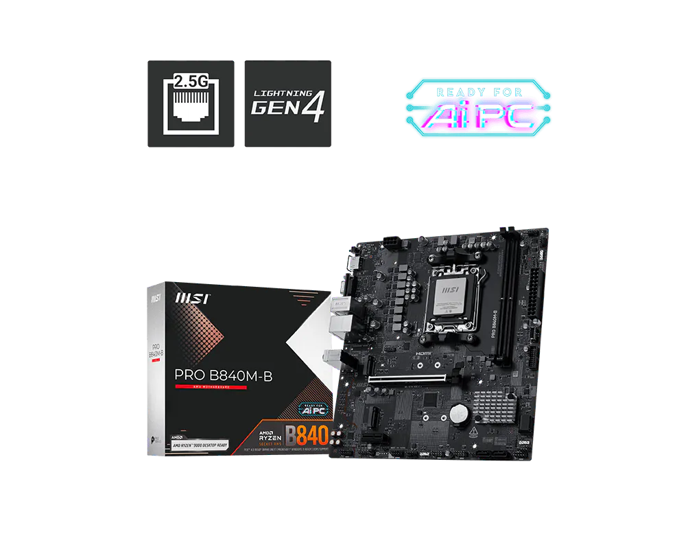 Материнская плата MSI PRO B840M-B Socket AM5 AMD B840 2xDDR5 mATX AC`97 8ch(7.1) 2.5Gg RAID+VGA+HDMI