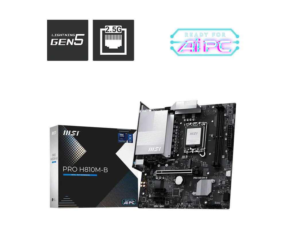 Материнская плата MSI PRO H810M-B, LGA1851, Intel H810, 2xDDR5, 4xSATA, 1xM.2, 1xPCIe 5.0 x16, DisplayPort, HDMI, 1x2.5Gb LAN, 3x3.5 мм, 7.1, microATX