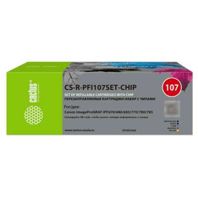 Картридж перезаправляемый струйный Cactus CS-R-PFI107SET-CHIP черный/черный матовый/голубой/желтый/п