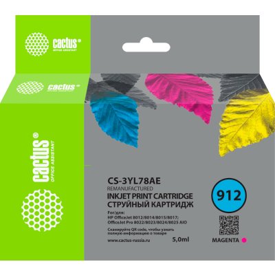 Картридж струйный Cactus CS-3YL78AE 912 пурпурный (5мл) для HP OfficeJet 8010/8012/8013/8014/8015/80