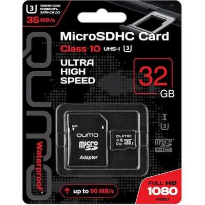 Флеш карта QUMO MicroSDHC 32Gb Сlass 10 UHS-I U3,3.0, адаптер в комплекте SD, черно-красная картонная упаковка (QM32GMICSDHC10U3)
