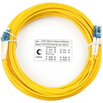 Коммутационный шнур оптический Cabeus Tight Buffer, Duplex LC/LC, OS2 9/125, LSZH, 10м, d= 3мм, синий хвостовик, желтый