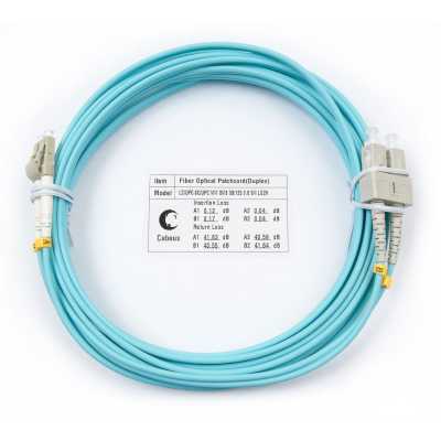 Комм. шнур оптический Cabeus Tight Buffer, Duplex LC/SC, OM3 50/125, LSZH, 5м, d= 3мм, серый хвостовик, аква
