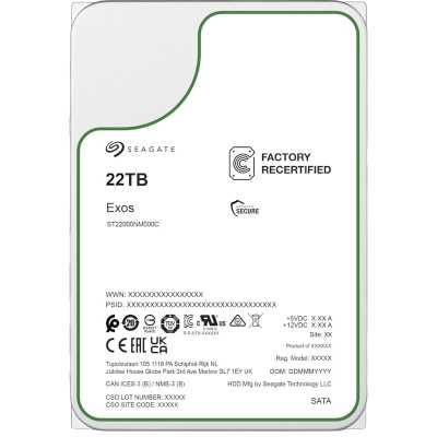 Жесткий диск HDD Seagate SATA3 22Tb Exos X22 7200 512Mb OFFICIAL RECERTIFIED 1 year warranty (replacement ST22000NM001E)