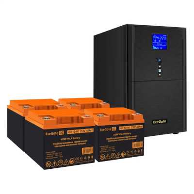 Комплект источника бесперебойного питания Exegate EX295990RUS + батарея 40Aч EX282979RUS 4шт (инвертор, синус, для котла) ExeGate SineTower SZ-3000.LCD.AVR.3SH.1C13.RJ.USB <3000VA/2400W, чистый синусоида, LCD дисплей, AVR, 3*Schuko+1*C13, RJ45/11, USB, ли