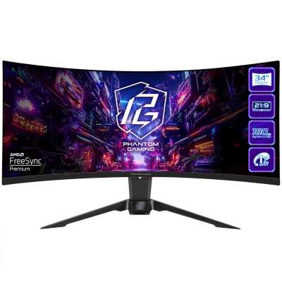 Монитор ASROCK 34" Phantom Gaming PG34QRT2B Black VA, 3440x1440, HDMI+HDMI+DP+Type C, 1 ms, 178°/178°, 500 cd/m, 3000:1, 180Hz, HDR400, MM, Curved 1500R, Height adjustment