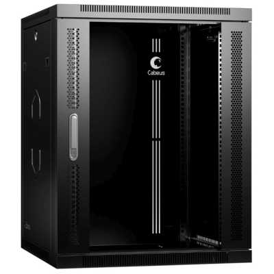 Шкаф телекоммуникационный настенный Cabeus SH-05F, 19", 15U, 769х600х600 мм (ВхШхГ), дверь: стекло, разборный, черный