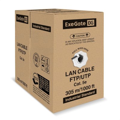 Кабель ExeGate FUTP4-C5e-CU-S25-OUT-PE-BK-305-FLUKE FTP 4 пары кат.5e медь, 0.45мм (25AWG), FLUKE® test pass, экран, внешн., без троса, 305м, черн., PE