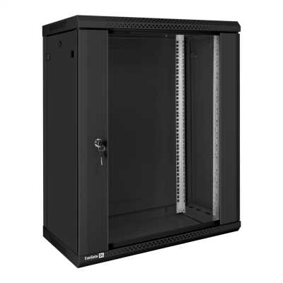 Шкаф телекоммуникационный 19" настенный 15U ExeGate EC-WM-15U.450.G.BLACK (19”, 15U, 600x450x769mm (ШхГхВ), передняя дверь закаленное стекло, съемные боковые панели, пыле- и влагозащита IP23, черный RAL 9004, 2 коробки)