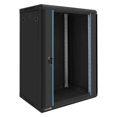 Шкаф телекоммуникационный 19" настенный 18U ExeGate EC-WM-18U.450.G.BLACK (19”, 18U, 600x450x901mm (ШхГхВ), передняя дверь закаленное стекло, съемные боковые панели, пыле- и влагозащита IP23, черный RAL 9004, 2 коробки)