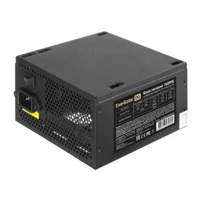 Блок питания ExeGate 750PPE, 750W, (ATX, APFC, PC, КПД 80% (80 PLUS), 12cm fan, 24pin, 2x(4+4)pin, 4xPCI-E, 6xSATA, 3xIDE, черный, кабель 220V в комплекте 1,8м)