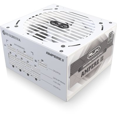 Блок питания Raijintek AMPERE II 1200, 1200W 80+ Platinum (ATX, 3.1, PCIe 5.1, Full-modular, 1x24(20+4)pin, 2x4+4-pin CPU, 3x6+2-pin PCIe, 1x12V(2x6), 10xSATA3, 5xMolex, Active, 120x120mm, 150x140x86mm, APFC, white)