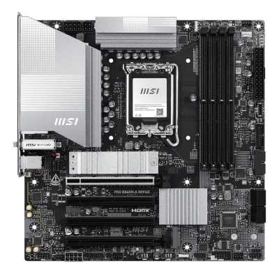 Материнская плата MSI PRO B860M-A WIFI6E, LGA1851, Intel B860, 4xDDR5, 4xSATA, 3xM.2 PCIe, 4xPCIe x16 (1x5.0 x16, 3x4.0), 1xHDMI, 1xDisplayPort, 1x 5Gb LAN, 6xUSB (2xUSB 2.0, 2xUSB 5Gbps Type-A, 1xUSB 5Gbps Type-C, 1xUSB 10Gbps Type-A), 3x3.5 мм, 7.1, mAT