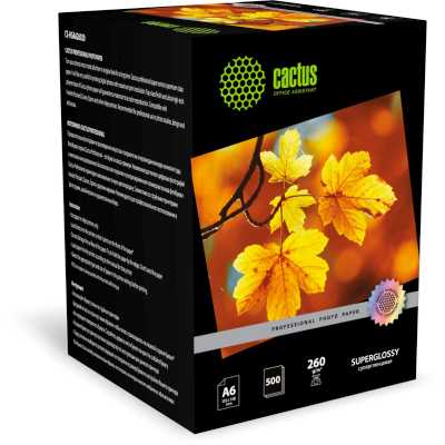 Фотобумага Cactus Prof CS-HGA6260500 10x15/260г/м2/500л./белый глянцевое для струйной печати