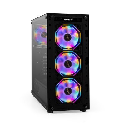 Компьютерный корпус Miditower ExeGate i3 BASE-NPX600 (ATX, БП 600NPX с вент. 12 см, с окном, 1*USB+1*USB 3.0, аудио, 4 вент. 12см с RGb подсветкой)