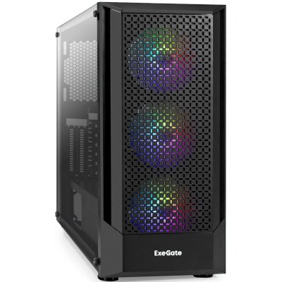 Компьютерный корпус Miditower ExeGate EVO-8227 (ATX, без БП, 2хUSB+1хUSB 3.0+HD Audio, черный, 3 вент. с RGb подсветкой, боковая панель - закаленное стекло)