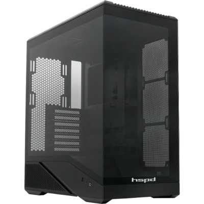Компьютерный корпус без блока питания HSPD F711-TGbK, Panoramic Full Tower, Black, TG, 0.7 SPCC, no fans ATX, mATX, mITX 190/420/280мм 2x2.5", 2x3.5", 7xPCI 1xUSB-A 3.0, 1xUSB-C 445x235x475мм